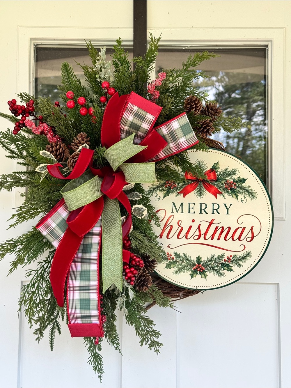 Traditional Cedar Christmas Wreath with Plaid Bow & Merry Christmas Sign